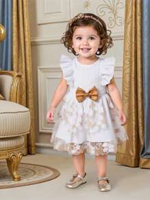 SHEIN Baby And Toddler Girls Cute And Sweet Little Cap Sleeve Round Neck Bow Embroidered Floral Mesh Dress, Fashionable, Suitable For Outdoor Activities, Indoor Events, Birthday Parties, Spring And Summer