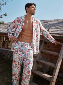 Manfinity ChillVibe Men's Floral Print Long Sleeve Top And Pants Pajama Set - Red and White - View 1