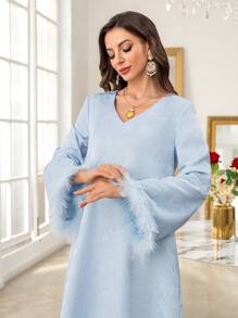 Al Najma Women's Solid Color V-Neck Furry Sleeve Arabian Dress,Modest - Blue - View 3