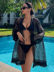 DAZY Solid Color Lightweight Long Sleeve Hollow Tassels, Casual Resort Summer Shirt For Women Vacation - Black - View 5