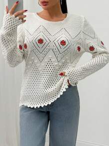 RueChic WOMEN Flower Embroidered Seasonless Diamond Patterned Bobble Knit Sweater - White - View 4