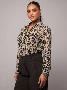 Silquee 女士性感通勤办公室优雅透明雪纺长袖领扣豹纹动物印花长袖衬衫，适合日常、夜间外出、派对、舞会、工作、女孩聚会、春季穿着、四季半透明雪纺衬衫 - 巧克力棕 - 查看 6