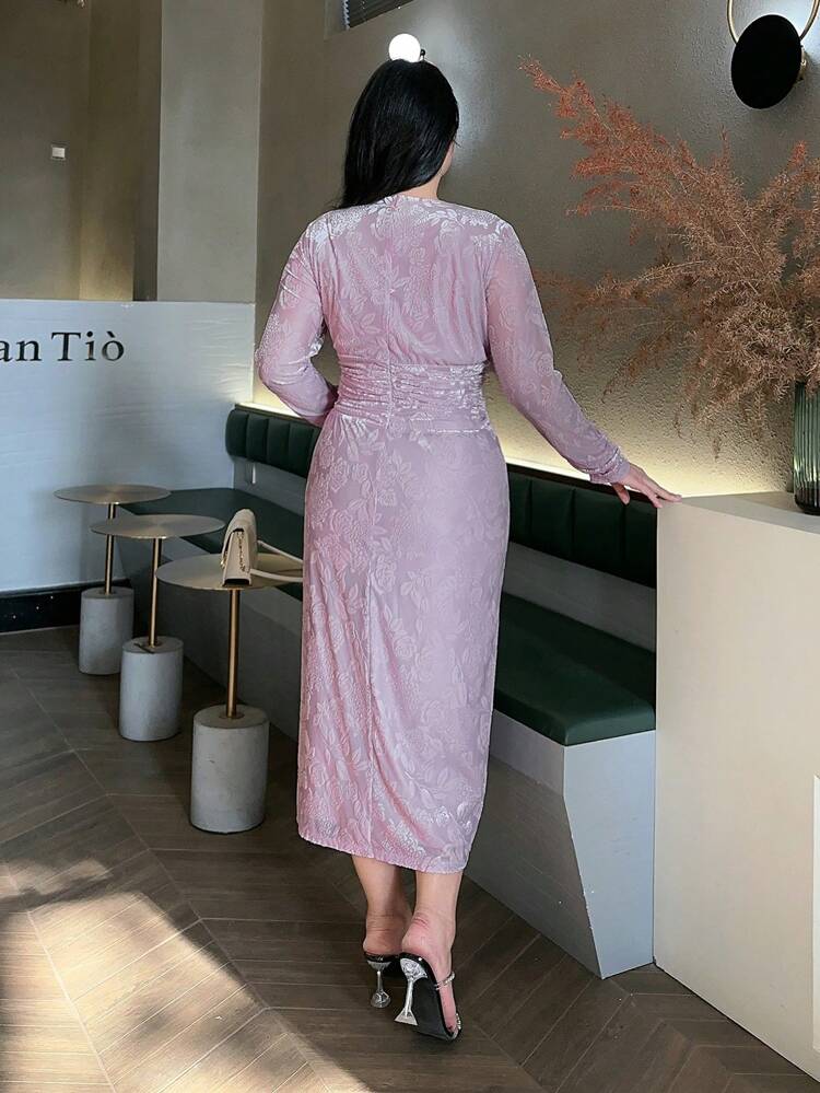 Dazy Petite Plus Plus Size Purple V-Neck Shiny Floral Long Dress With Side Slit, For Formal Occasions, Spring/Summer/Autumn Long Sleeve Dress Prom Dress Elegant Women Dresses Maxi Dress