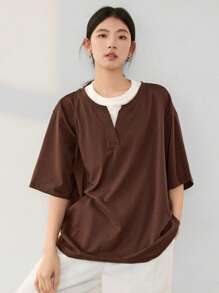 Dazy-Less Loose Business Casual Color Block Short Sleeve T-Shirt For Women Summer Old Money Style Oversized T-Shirt