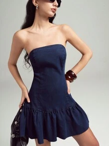 LYSMO 女式新款露肩花朵花边迷你牛仔连衣裙 - 深色水洗藍 - 查看 4