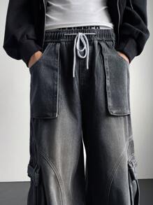 Manfinity EMRG Men's Light Blue Denim Cargo Wide Leg Pants - Black - View 5