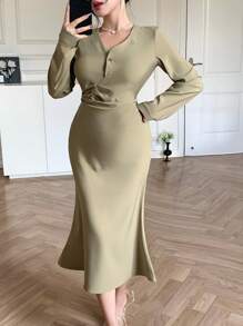 DAZY Vestido midi asimétrico drapeado liso para mujeres