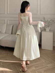 DAZY Spring Elegant Lace Patchwork Pleated Ruffle Sleeve Mid-Length Dress For Women Prom Dress,Fall Dress Long Sleeve Dress - Beige - View 2