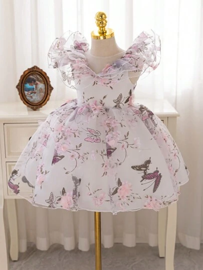 SHEIN Glamorique Kids 年轻女孩四季优雅礼服，花童婚纱，数码印花蝴蝶结薄纱派对公主礼服