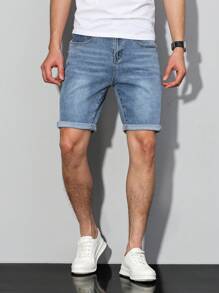 Manfinity Homme Men's Casual Rolled Hem Denim Shorts With Pockets - Light Wash - View 4