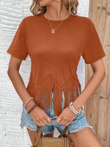 SHEIN LUNE 女士纯色圆领短袖流苏拼布 T 恤