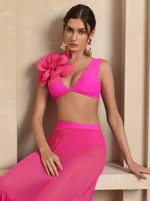 Swim Oasis Women 3D Floral Decor Bikini Top And Bottom Bikini Swimwear Set With Skirt, For Summer Beach Vacation - Hot Pink - View 1