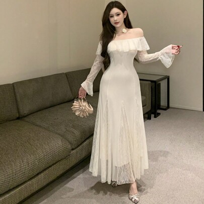 우아한 여성용 오프 숄더 긴팔 레이스 패치워크 드레스 우아하고, 프릴이 달린