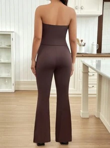 SHEIN 2 Pieces Maternity Ruched Halter Top With Asymmetrical Hem And Flare Pants Set - Brown - View 2