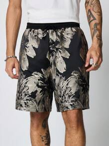 ROMWE MEN Goth Men's Front Tie Waist Print Splice Casual Shorts, Daily Leisure Wear Vacation