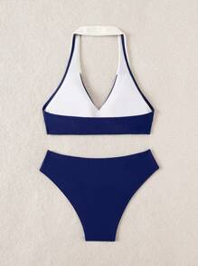 SHEIN Swim 2 件套 Springbreak 女士沙滩装夏季套装，V 领无袖短款上衣和高腰下装节日波西米亚风比基尼套装 - 藏蓝色 - 查看 6