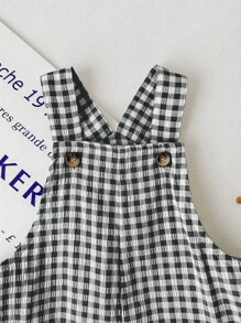 SHEIN LMoss Kids LMoss Newborn Baby Boy/Girl Summer Versatile Cute Plaid Pattern Jumpsuit With Overalls
