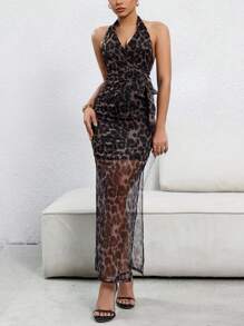 Chiquease Vestido elegante de mujer con cuello de halter ajustado y estampado de leopardo