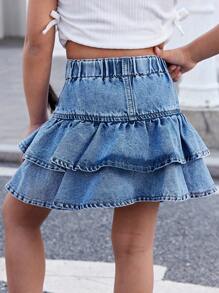 SHEIN Young Girl Denim Ruffle Hem A-Line Skirt,Kid Girls Spring And Summer Casual Vacation Country Boho Wear, Beach Outfits For Kid Girls