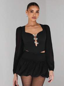 Glamine Glamine Valentine's Day Retro Simple & Elegant See-Through Spliced ​​Sleeves Solid Color Women's Long-Sleeved Heart Neckline Blouses Cut-Out Pearls Bow-Detail Corset Top In Black