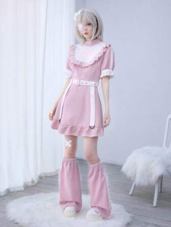 J-Fashion Women's Fashion Color Block Lace Trim Cross Embroidery Mini Dress