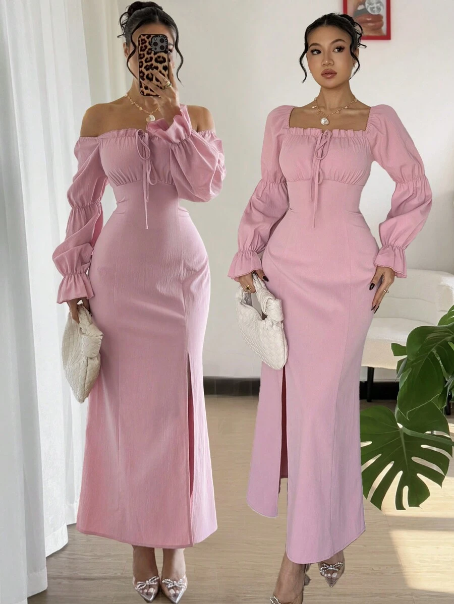 Rafferiza 莲藕袖高开叉收腰连衣裙,优雅粉色女士长裙,适合情人节 - 粉色 - 查看 1