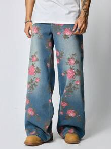 ROMWE MEN Street Life Quần Jeans Ống Rộng Túi Họa Tiết Hoa Thường Ngày Cho Nam - Màu xanh lam - Xem 6