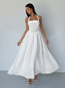 Aloruh Women's Sexy And Elegant French Solid Square Neck Halter Backless Fit And Flare White Maxi Dress Women Summer Dresses For Women Women White Dress White Dresses For Women Beach Outfits For Woman