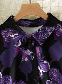 Lacomfia Plus Size Women's Purple Butterfly Printed Casual Loose Spring Autumn Blouse - Black - View 5
