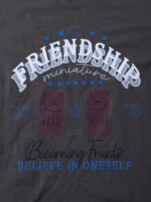 1pc Boys Casual Street Style Letter & Teddy Bear Graphic Round Neck Short Sleeve T-Shirt, Summer. This Gray Tee Features "FRIENDSHIP" And The Inspiring Message "Believe In Oneself" Printed, With Two Cute Cartoon Bear Figures Standing Side By Side, Conveying The Beautiful Meaning Of Friendship And Trust. Whether Gathering With Friends Or Casual Daily Wear, This T-Shirt Will Radiate A Warm And Friendly Vibe.