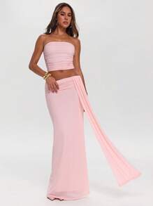 SHEIN BAE Conjunto elegante de top bandeau plisado de unicolor y falda con dobladillo de cola de sirena para mujer