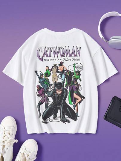 CATWOMAN X SHEIN Tween Girl Street Chic Casual Loose Cool Heroine Graphic White T-Shirt, Suitable For Spring And Summer.