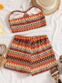 Set de 2 piezas Top corto tipo bandeau con nudo colorido tejido falso + Shorts de vacaciones de playa para adolescentes