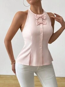 SHEIN Clasi 蝴蝶结装饰纯色前扣无袖休闲简约衬衫 - 粉色 - 查看 6