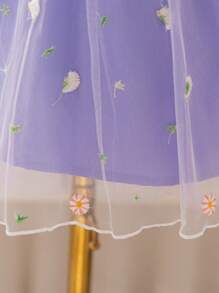 SHEIN Glamorique Kids Baby Girls Spring/Summer Embroidered Mesh V-Neck Spaghetti Strap Bowknot Belt Mesh Dress,Easter - Purple - View 5