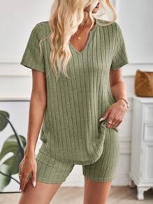 SHEIN LUNE 2pcs Women Solid Color V-Neck Short Sleeve Ribbed Casual Top And Shorts Set