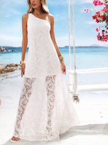 SHEIN VCAY Đầm Maxi Ren Trơn Một Vai Thanh Lịch Cho Nữ - trắng - Xem 6