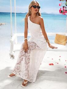 SHEIN VCAY Đầm Maxi Ren Trơn Một Vai Thanh Lịch Cho Nữ - trắng - Xem 7