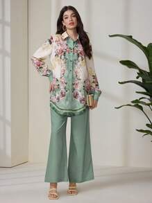 Mulvari 2 件套女士优雅花卉印花长袖上衣和裤子套装 - 彩色 - 查看 2