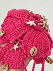 SHEIN Swim Women Handmade Crochet 3D Floral & Shell Tie Beachwear Halter Cover Up Top, For Summer Beach Vacation - Hot Pink - View 4
