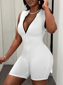 Slaydiva Casual Basic Sportswear Sleeveless Contrast Color Zip Collar Jumpsuit - FF - Black and White - View 7