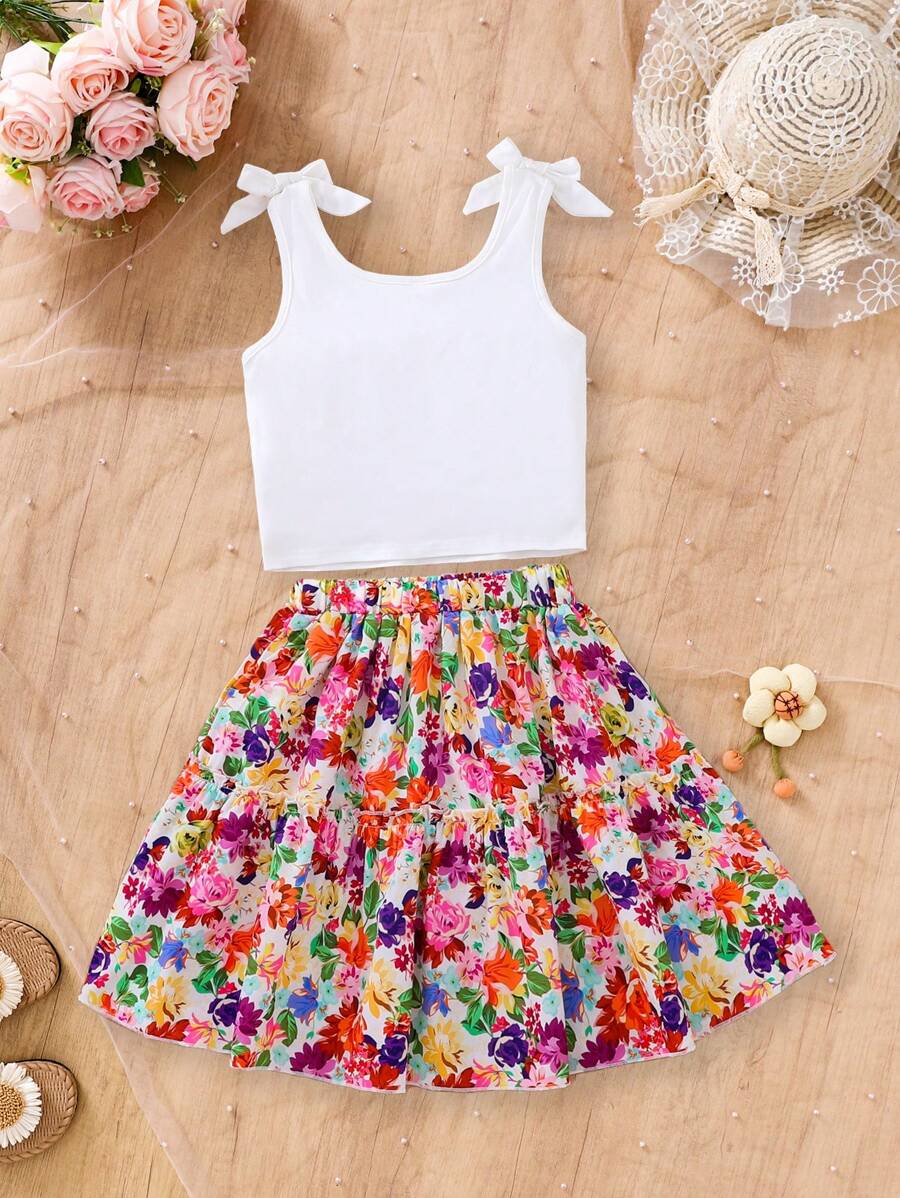 2件套女童白色蝴蝶结衬衫和花卉印花彩色裙子套装 - 彩色 - 查看 1