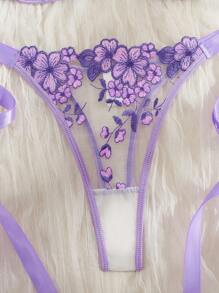 Esselle 2 Pieces Women Embroidery Floral Strap Lingerie Set - Purple - View 4