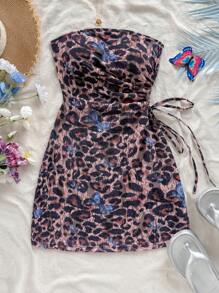 Soleia Vestido mini con cordón en la cintura, diseño calado, estampado de leopardo y mariposa, sexy, adecuado para vacaciones, festivales de música, estilo bohemio, citas en vacaciones