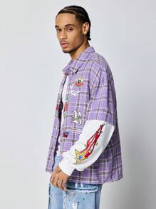 ROMWE MEN Prep 男式前扣格子拼接长袖休闲衬衫