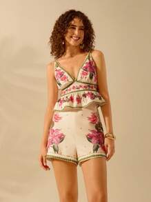 CAJUNI 女士彩色波西米亚风花卉和植物印花迷你短裤，夏季休闲海滩度假短裤 - 彩色 - 查看 4