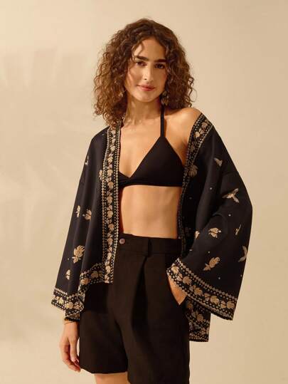 CAJUNI 女式树叶和鸟类印花休闲波西米亚风格长袖和服，非常适合假期、夏季海滩度假