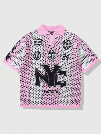 Prep Top tricot casual à manches courtes, style de football, avec motif de lettre en jacquard ajouré pour hommes