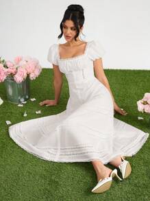 SHEIN BAE Damen vielseitiges elegantes weißes A-Linien Kleid mit quadratischem Kragen und Rüschensaum - Weiss - Übersicht 5
