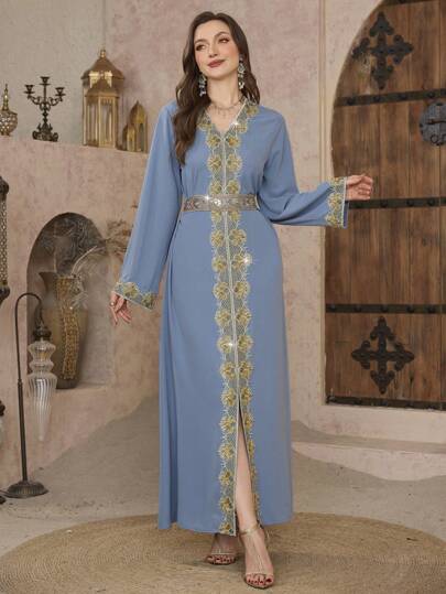Al Najma Elegant Women's Floral Print Long Sleeve Arabic Style Maxi Dress Kaftan Jalabiya Dress